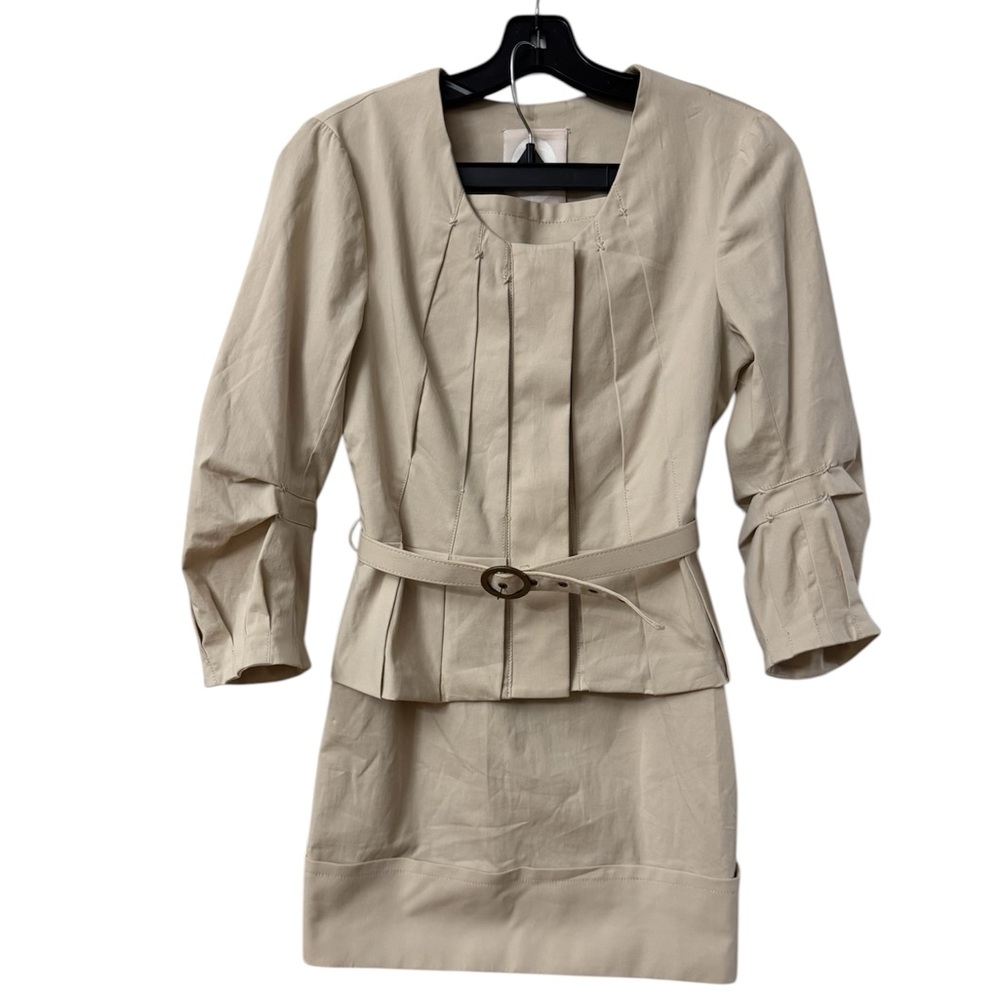 Beige Women's Tailored Belted Jacket & Skirt Set